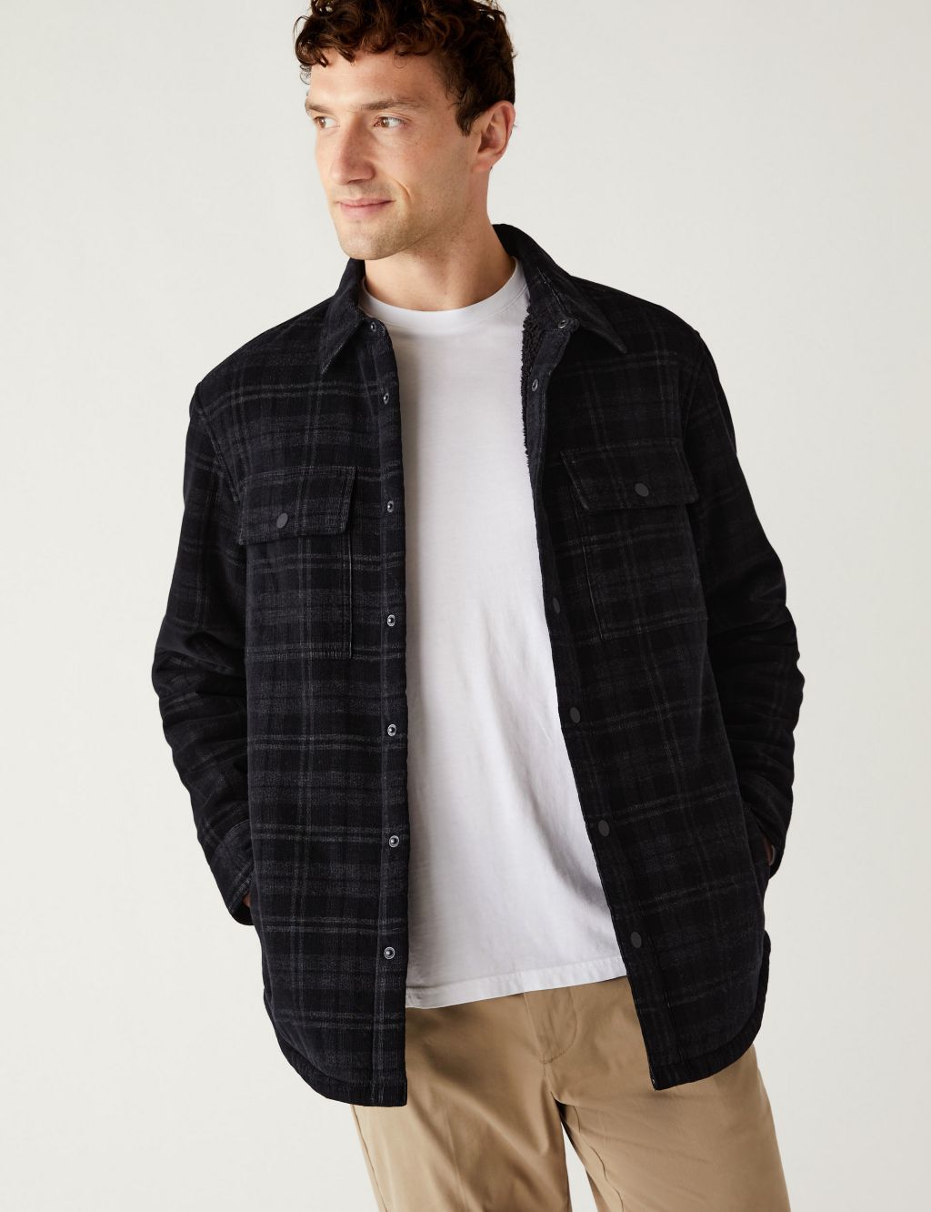 Cotton Blend Corduroy Borg Lined Check Shacket image 1