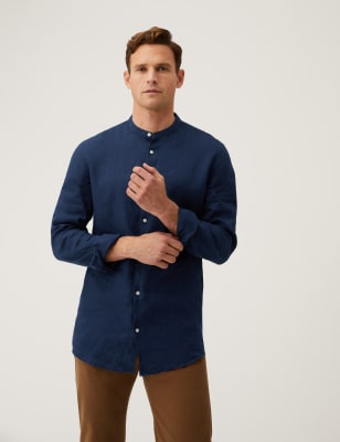 Longer Length Pure Linen Grandad Collar Shirt