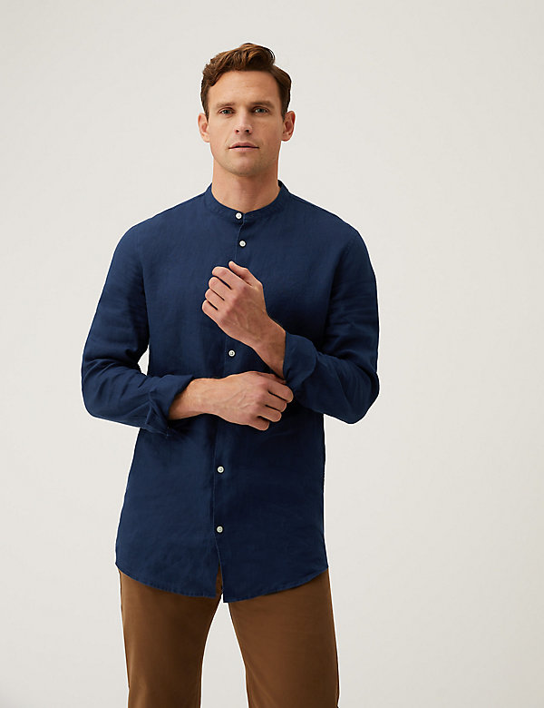 Longer Length Pure Linen Grandad Collar Shirt - AU