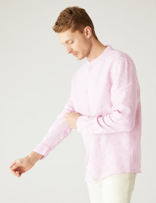 

Mens M&S Collection Gestreiftes Hemd aus reinem Leinen mit Großvaterkragen - Pink Mix, Pink Mix
