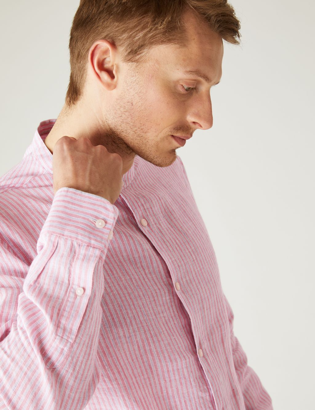Pure Linen Striped Grandad Collar Shirt image 3
