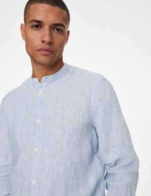 M&S Men's Pure Linen Striped Grandad Collar Shirt - SREG - Blue Mix, Blue Mix