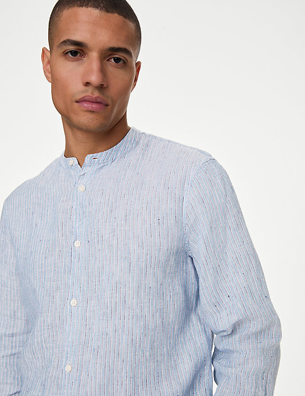 Pure Linen Striped Grandad Collar Shirt - IT
