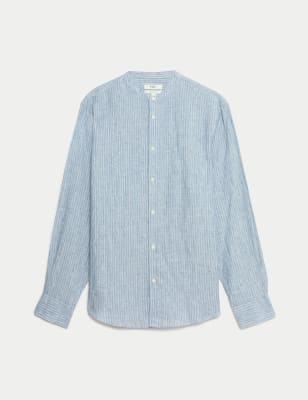 Pure Linen Striped Grandad Collar Shirt | M&S US