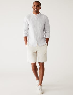 

Mens M&S Collection Gestreiftes Hemd aus reinem Leinen mit Großvaterkragen - Natural Mix, Natural Mix