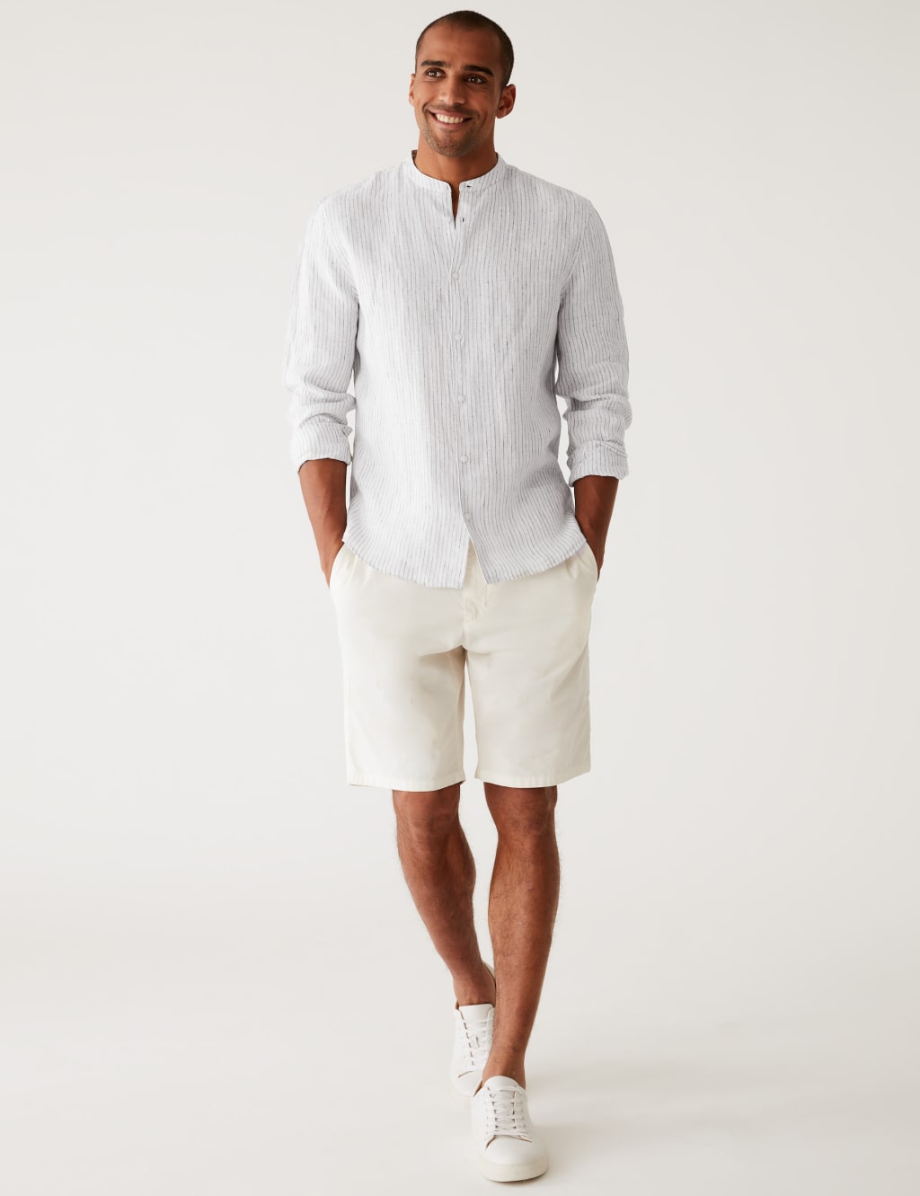 Pure Linen Striped Grandad Collar Shirt image 1