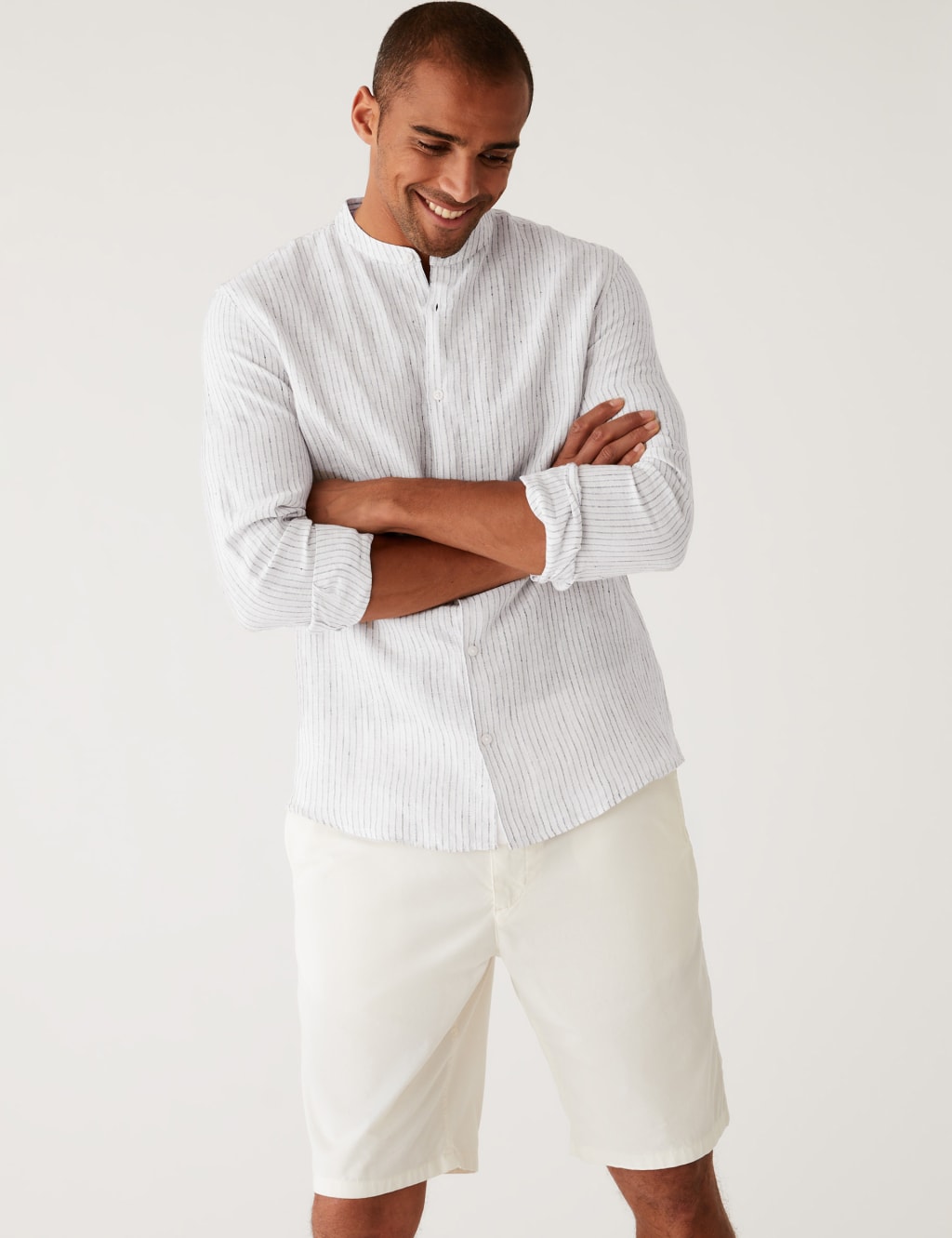 Pure Linen Striped Grandad Collar Shirt image 2