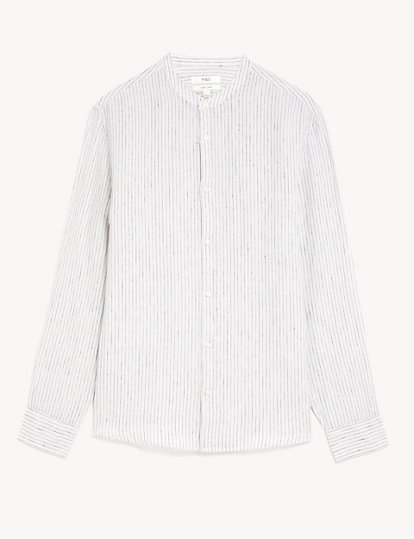 Pure Linen Striped Grandad Collar Shirt
