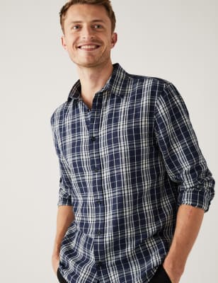 

M&S Collection Camisa de cuadros con linoMens - Blue Mix, Blue Mix