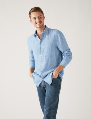 

Mens M&S Collection Longer Length Pure Linen Shirt - Light Blue, Light Blue