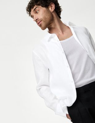 M&S Mens Pure Linen Shirt - SREG - White, White,Light Blue,Terracotta,Beige,Rich Blue,Pink,Black,Sea