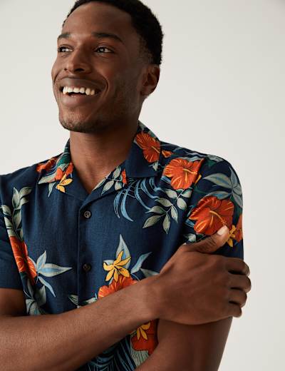 Linen Blend Hawaiian Floral Shirt