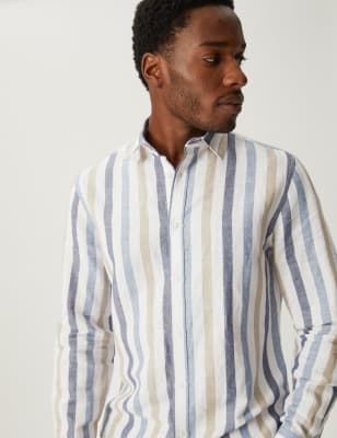 

Mens M&S Collection Linen Blend Striped Shirt - Blue Mix, Blue Mix