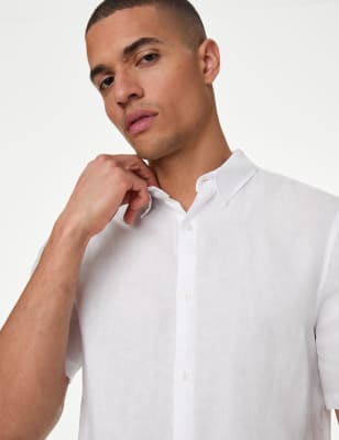 M&S Mens Easy Iron Pure Linen Shirt - SREG - White, White,Black,Navy,Antique Green,Light Blue