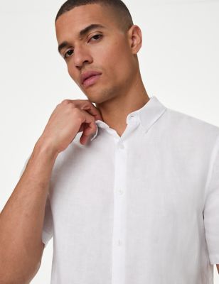 M&S Mens Easy Iron Pure Linen Shirt - SREG - White, White,Black,Navy