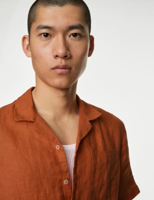 

M&S Collection Camisa con cuello cubano 100% linoMens - Chestnut, Chestnut