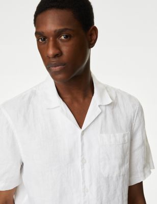 M&S Mens Pure Linen Cuban Collar Shirt - SREG - White, White,Ecru,Navy,Black,Medium Green,Chestnut