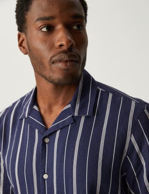 

Mens M&S Collection Linen Blend Striped Cuban Collar Shirt - Navy Mix, Navy Mix