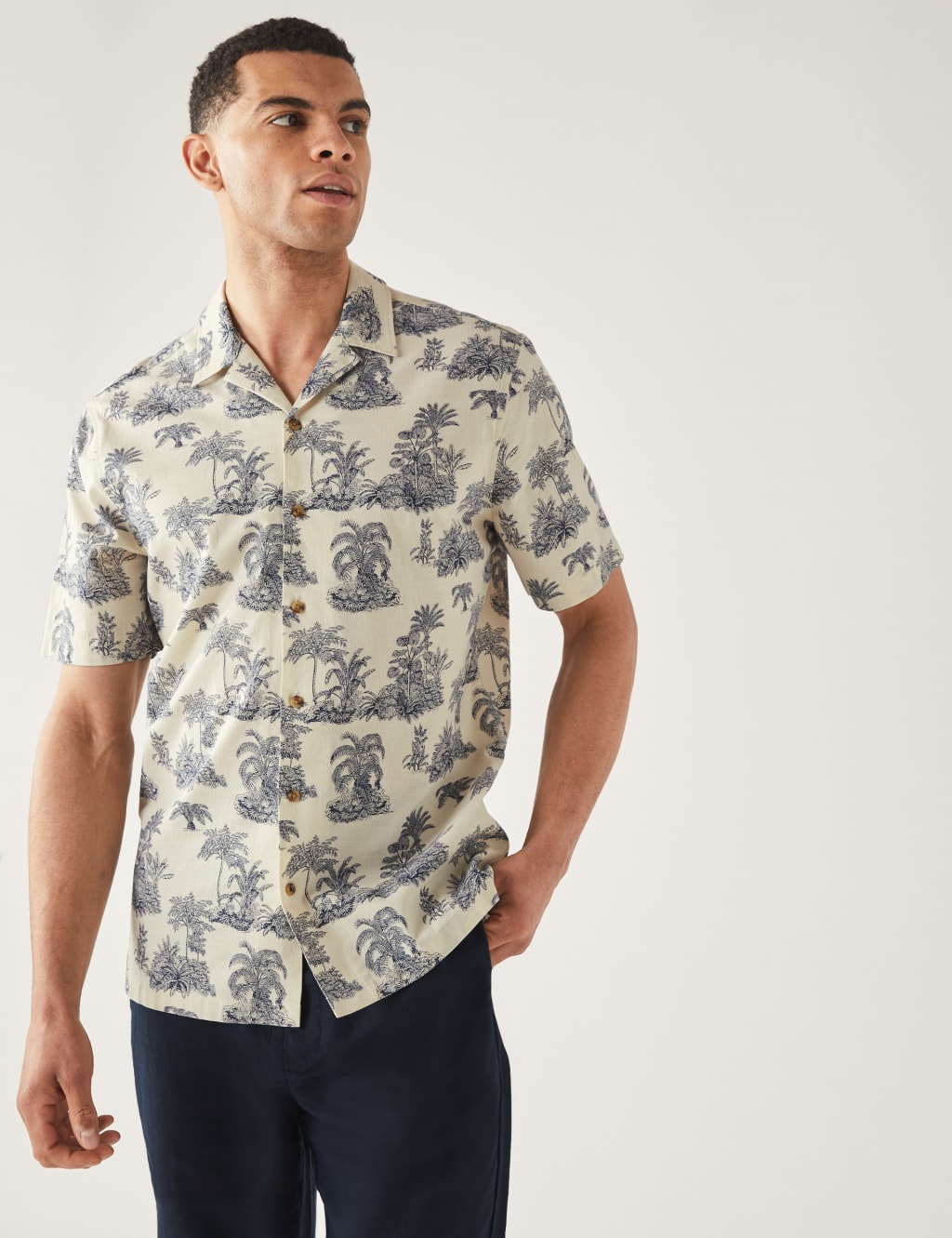 Pure Cotton Palm Tree Print Revere Shirt image 1