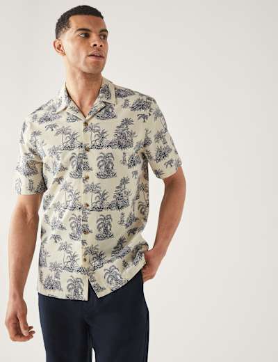 Pure Cotton Palm Tree Print Revere Shirt
