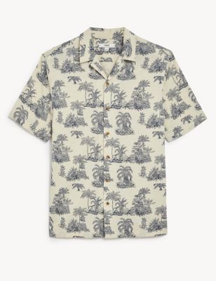 Pure Cotton Palm Tree Print Cuban Collar Shirt