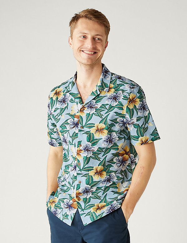 Hemd aus reiner Baumwolle mit Blumenmuster und Cuban Collar - DE