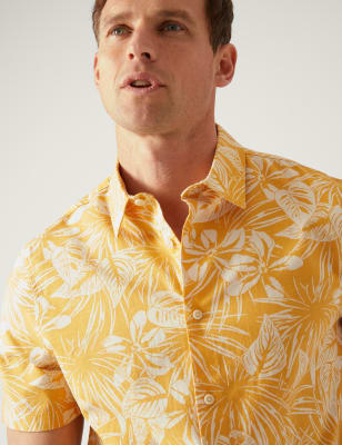 

M&S Collection Camisa con cuello cubano 100% algodón con diseño hawaianoMens - Yellow Mix, Yellow Mix