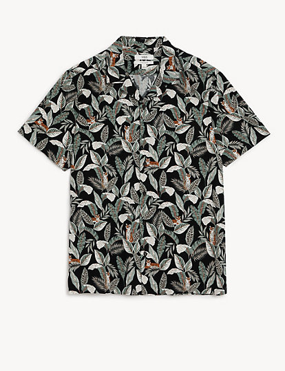 Linen Rich Leaf Print Cuban Collar Shirt