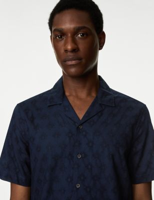 M&S Men's Pure Cotton Textured Cuban Collar Shirt - XXXLREG - Navy, Navy,Chestnut,White