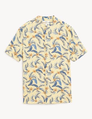 

Mens M&S Collection Hemd aus Leinenmischgewebe mit Blumenmuster und Großvater-Kragen - Yellow Mix, Yellow Mix