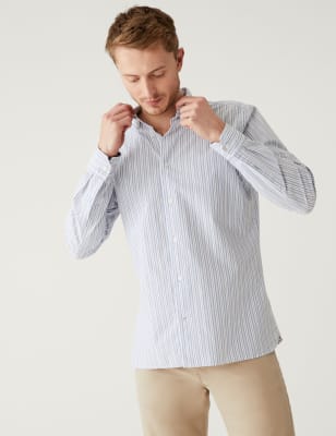 

Mens M&S Collection Gestreiftes Hemd aus reiner Baumwolle - Blue Mix, Blue Mix