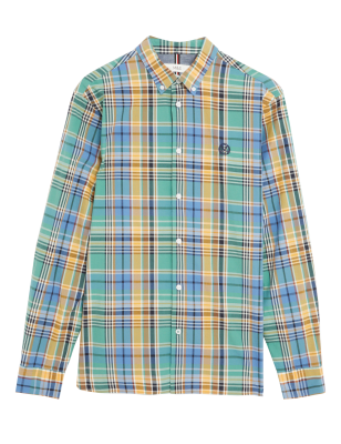 Mens M&S Collection Pure Cotton Check Shirt - Blue Mix