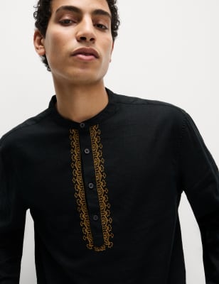 M&S Men's Easy Iron Linen Rich Embroidered Kurta - XXXXLREG - Black, Black,White