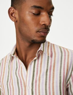 M&S Mens Easy Iron Cotton Linen Blend Striped Shirt - SREG - Pink Mix, Pink Mix,Blue Mix,Green Mix,R