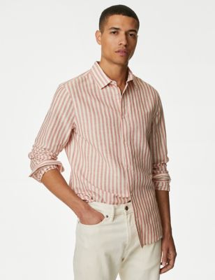 

Mens M&S Collection Easy Iron Cotton Linen Blend Striped Shirt - Red Mix, Red Mix