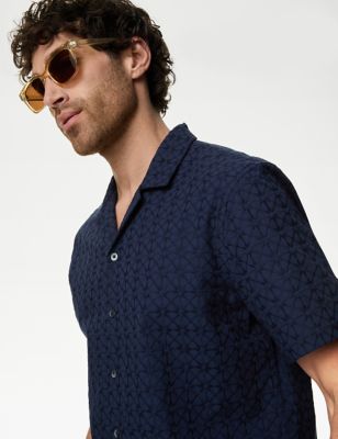 M&S Men's Pure Cotton Embroidered Shirt - XXXLREG - Navy, Navy,Khaki