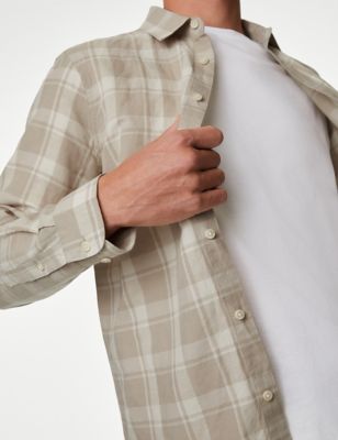 

Mens M&S Collection Easy Iron Cotton Linen Blend Check Shirt - Natural Mix, Natural Mix