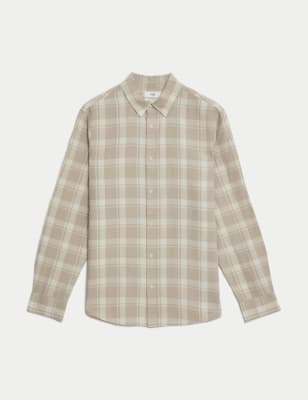 

Mens M&S Collection Easy Iron Cotton Linen Blend Check Shirt - Natural Mix, Natural Mix