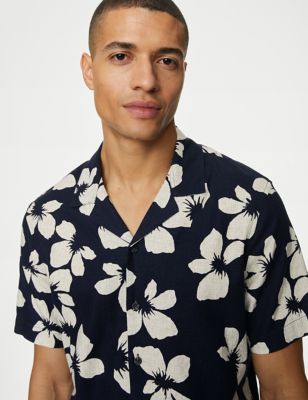 

Mens M&S Collection Easy Iron Linen Rich Floral Shirt - Navy Mix, Navy Mix