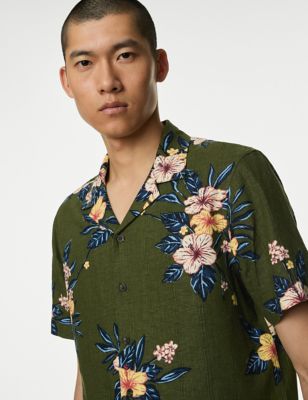 M&S Men's Easy Iron Linen Blend Floral Shirt - SREG - Green Mix, Green Mix