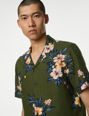 M&S Mens Easy Iron Linen Blend Floral Shirt - SREG - Green Mix, Green Mix