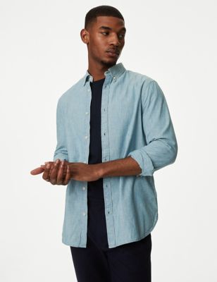 M&S Men's Pure Cotton Denim Heritage Shirt - MREG - Light Blue, Light Blue