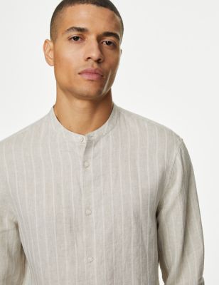 M&S Mens Linen Rich Striped Grandad Collar Shirt - MREG - Neutral Brown, Neutral Brown,White Mix