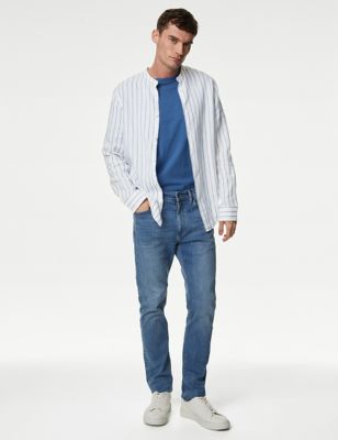 Linen Rich Striped Grandad Collar Shirt - IS