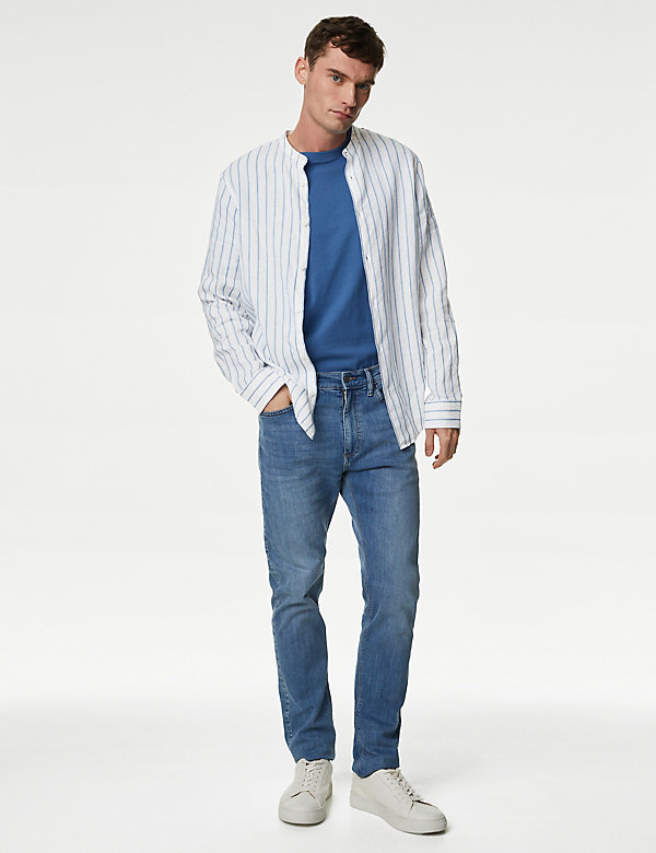 Linen Rich Striped Grandad Collar Shirt - LV