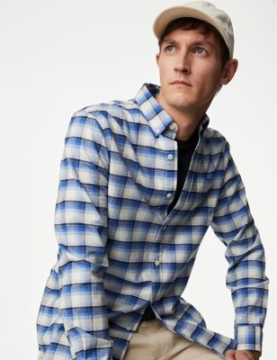 

Mens M&S Collection Easy Iron Pure Cotton Check Oxford Shirt - Blue Mix, Blue Mix