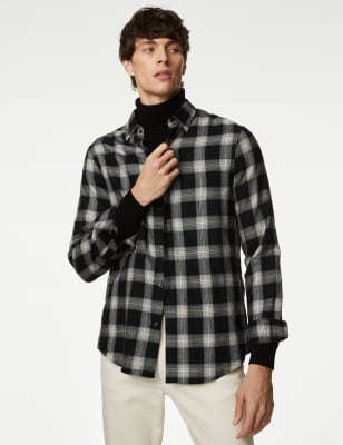 

Mens Autograph Brushed Cotton Flannel Check Shirt - White/Black, White/Black