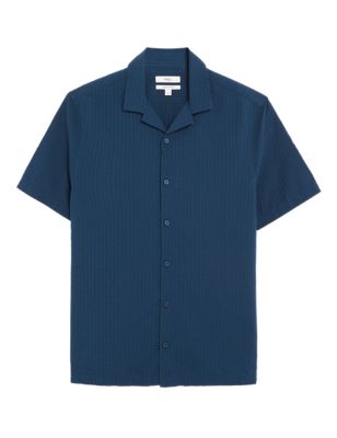 Mens M&S Collection Pure Cotton Seersucker Shirt - Navy