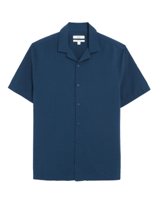 Mens M&S Collection Pure Cotton Seersucker Shirt - Navy