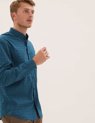 

Mens M&S Collection Pure Cotton Check Shirt - Dark Petrol, Dark Petrol